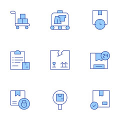 Logistics icons set. Line Duotone style, editable stroke. delivery, trolley, delivery box, delivery time, approve, logistics, inspection, suitcase
