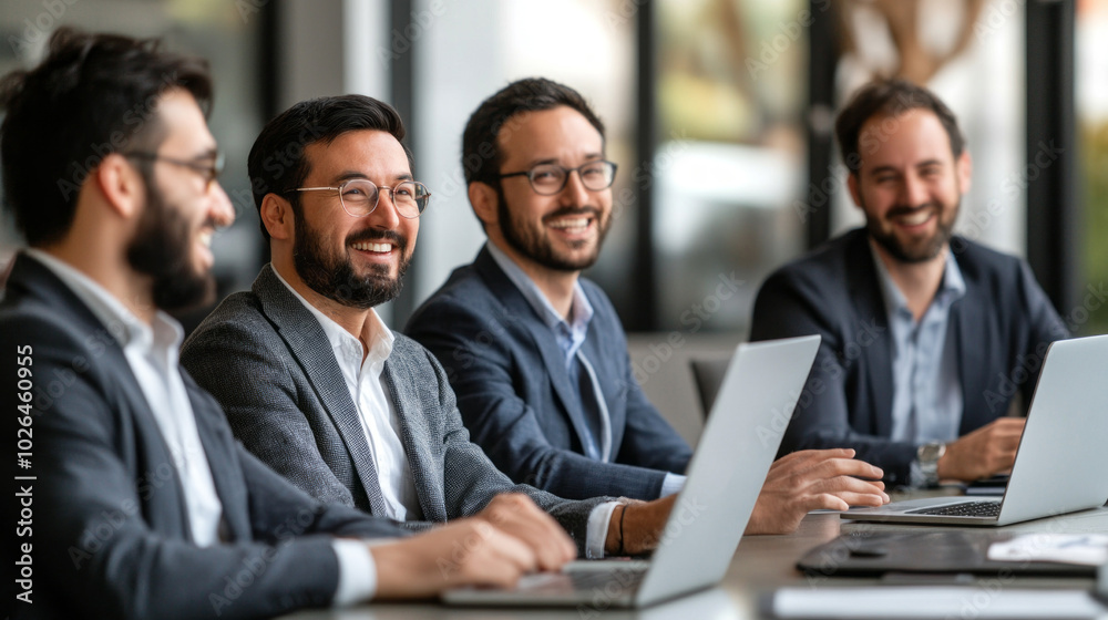 Poster A group of men are sitting at a table with laptops open, smiling and laughing