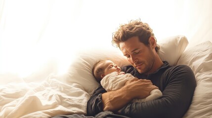 Obraz premium Serene Fatherhood: Cinematic Product Photography of Man Sleeping with Newborn Baby in Arms on White Background