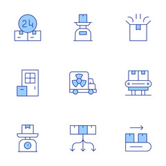Logistics icons set. Line Duotone style, editable stroke. package, scale, truck, distribution, delivery, conveyor belt, hours, conveyor
