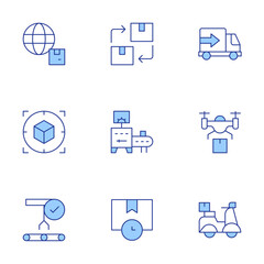 Logistics icons set. Line Duotone style, editable stroke. renewable, delivery time, conveyor, logistic, target, delivery truck, scooter, drone delivery