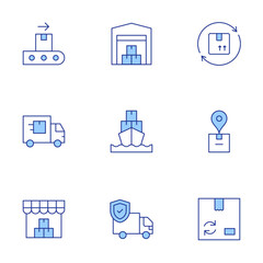 Logistics icons set. Line Duotone style, editable stroke. recycled, conveyor, logistics, commerce, package, cargo, cargo ship, warehouse, truck