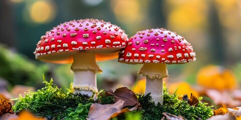 Fototapeta premium Two red mushrooms in a forest.