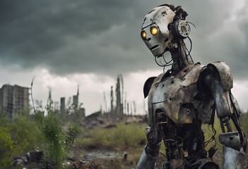 Fototapeta premium Android robot against the backdrop of a destroyed city. Future, technology, neural networks. Science, post-apocalypse