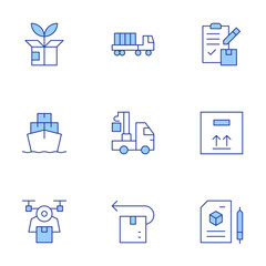 Logistics icons set. Line Duotone style, editable stroke. requirement, clipboard, box, drone, cargo ship, green logistics, return, crane, truck