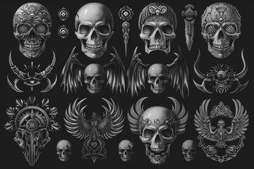 A collection of skulls set against a dark, mysterious backdrop