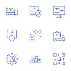 Logistics icons set. Thin Line style, editable stroke. cash on delivery, shipping time, package, tracking, boxes, rotation, truck