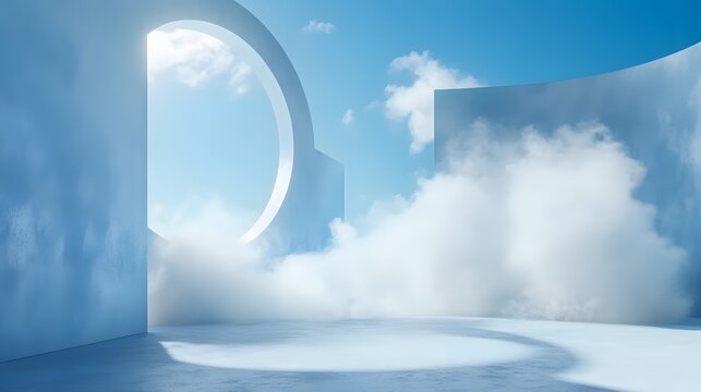 3. An airy 3D composition with a calming blue background, where wispy white clouds hover in front of a circular form, providing a clean and spacious environment for product presentation
