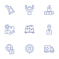 Logistics icons set. Thin Line style, editable stroke. delivery, location, product management, packages, box, drone delivery, conveyor, package, delivery truck