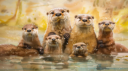 Otter Family Frolic, Whimsical Watercolor Art, Expressive Whiskers, Ears, Webbed Paws, Prime Lens Capture, Natural Light Elegance
