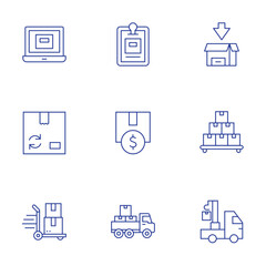 Logistics icons set. Thin Line style, editable stroke. distribution, crane, recycled, invest, product, laptop, trolley, clipboard, delivery box