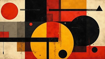 Vibrant geometric grid in Bauhaus style with squares triangles and circles in red black yellow