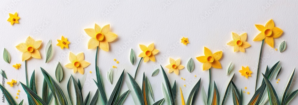 Canvas Prints A vibrant paper art depiction of yellow daffodils in a lush green setting.