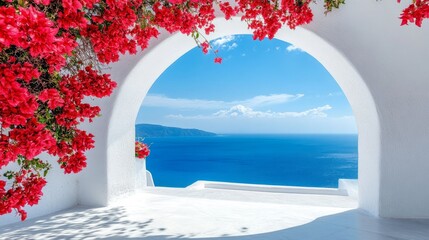 White Archway Framing a Blue Ocean View with Pink Flowers © addymawy