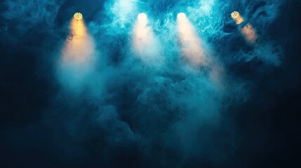 Fototapeta premium Vibrant spotlights beam through swirling smoke on a dark stage, creating a dynamic and dramatic setting for theater or concert visuals.