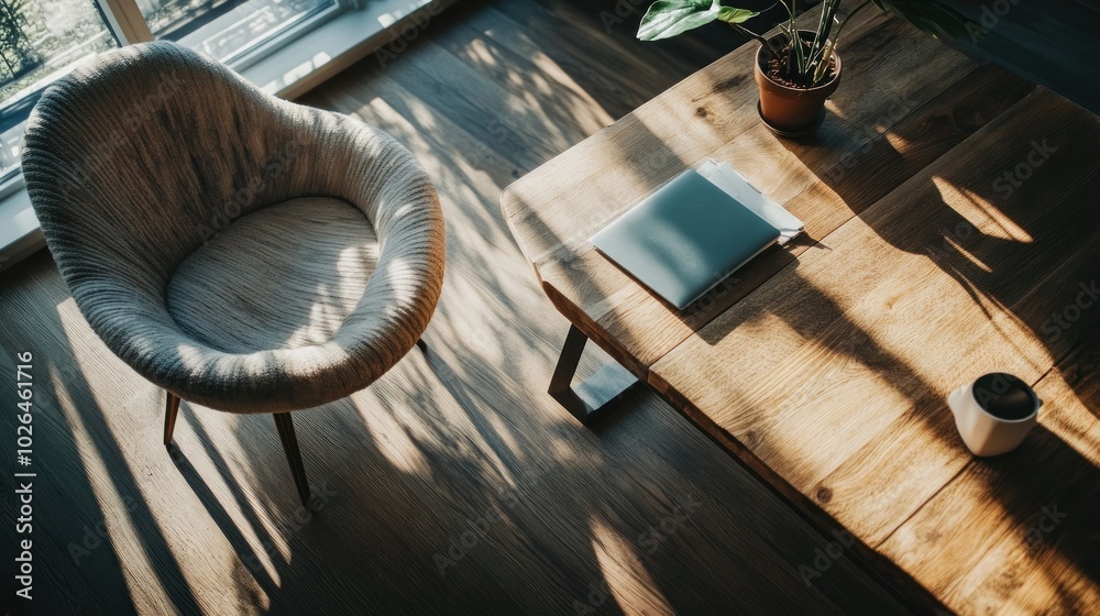 Wall mural A cozy living space featuring a chair, wooden table, notebook, and a coffee cup.