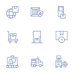 Logistics icons set. Thin Line style, editable stroke. worldwide shipping, protection, delivery, trolley cart, home delivery, delivery time, suitcase, truck, conveyor