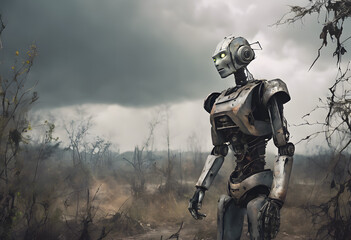 Fototapeta premium Android robot against the background of dry trees and grass. Future, technology, neural networks. Science, post-apocalypse