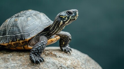 Obraz premium Turtle on a rock, flippers together, head slightly bowed, ancient creature, slow meditation