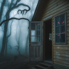 A lonely, rundown cabin deep in a fog-filled forest. The wooden door creaks open, and glowing red eyes can be seen through the dark windows. Tree branches seem to twist into claw-like shapes