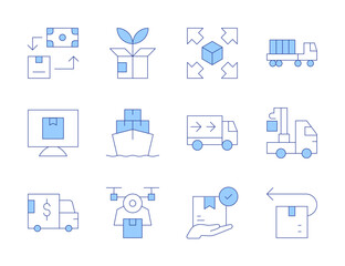 Logistics icons. Line Duotone style, editable stroke. truck, drone, cargo ship, green logistics, return, crane, extendable, delivery box, computer, cash on delivery