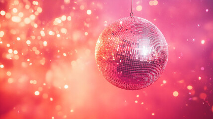 Fototapeta premium Pink Disco Ball Hanging Against Red Glitter Background
