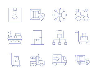 Logistics icons. Thin Line style, editable stroke. recycling, scooter, container, trolley, delivery truck, logistic, hub, protection, home delivery, truck