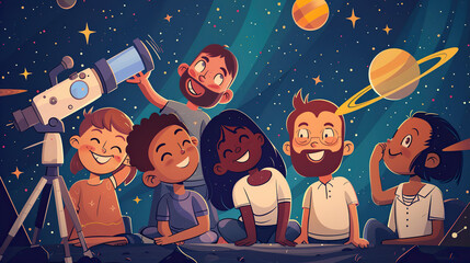 Cartoon Astronomers Celebrate Astronomy Day, Starry Night Sky Festivity, Telescopes and Planet Models, Laughter and Camaraderie