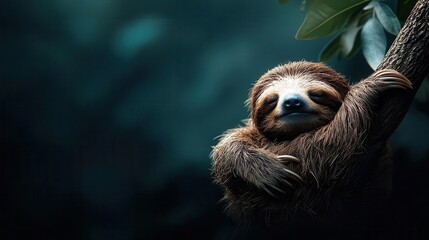 Fototapeta premium Sloth hanging from a branch, eyes closed, paws together, lazy creature, calm reflection