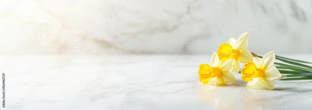 Poster A serene arrangement of daffodils on a marble surface, symbolizing spring and beauty.