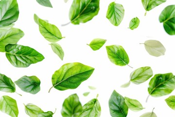 Fototapeta premium A bunch of green leaves are suspended in mid-air, creating a whimsical and natural scene