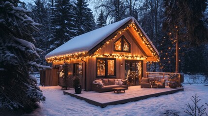 A cozy cabin with a Christmas tree on the roof