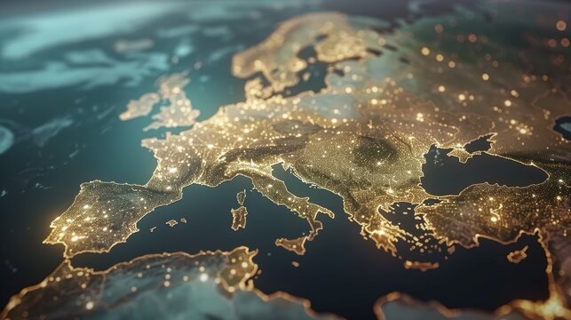 Fototapeta A close-up view of a map of Europe illuminated at night, perfect for illustrating global connections and international travel