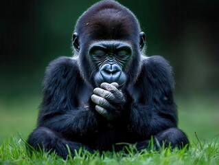 Obraz premium Gorilla sitting with paws together, eyes closed, gentle giant, jungle meditation