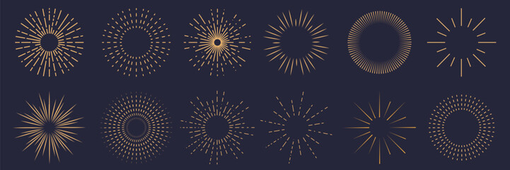 Collection of golden fireworks or sparkler rays and lines. Vector decorative elements.