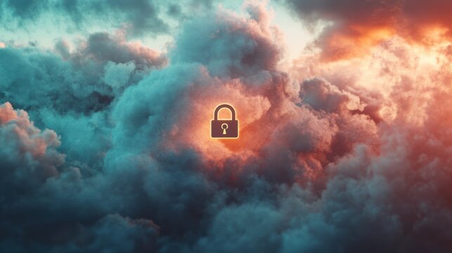 Data cloud with padlock icon floating in the center of it.