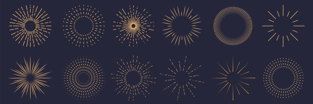 Collection of golden fireworks or sparkler rays and lines. Vector decorative elements.