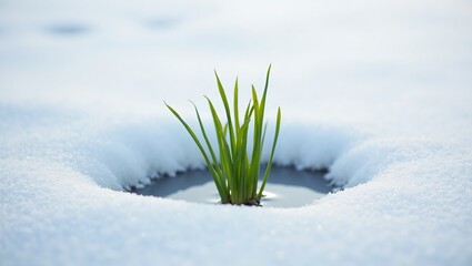 Hopeful single blade of grass breaking through melting snow