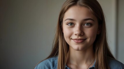 Fototapeta premium A teenager girl radiates confidence and joy in a pristine studio.