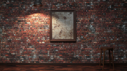Rustic Brick Wall with Wooden Stool and Empty Picture Frame