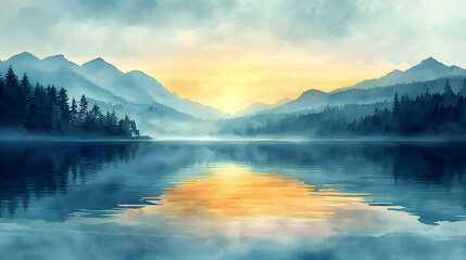 Serene Watercolor Lake with Reflection and Gradient Sky
