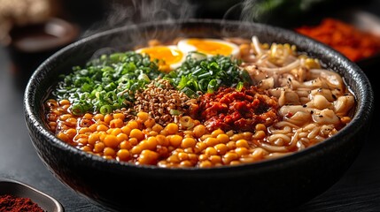 Steaming Bowl of Ramen with Vibrant Toppings