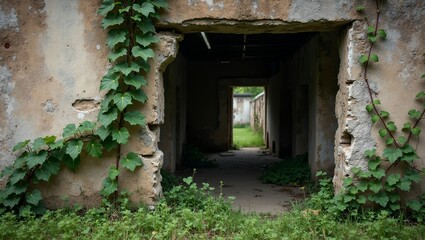 Naklejka premium Nature reclaiming abandoned building with crawling vine