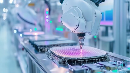A robotic arm with a laser pointer is working on a silicon wafer in a cleanroom.
