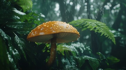 Fototapeta premium Vibrant Mushroom in Rainy Forest Setting