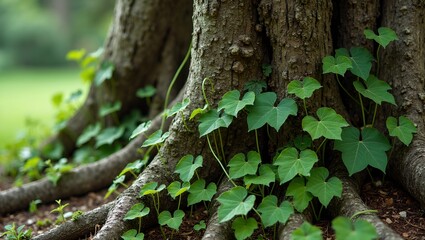Fototapeta premium Vibrant young vines entwined around ancient tree trunk