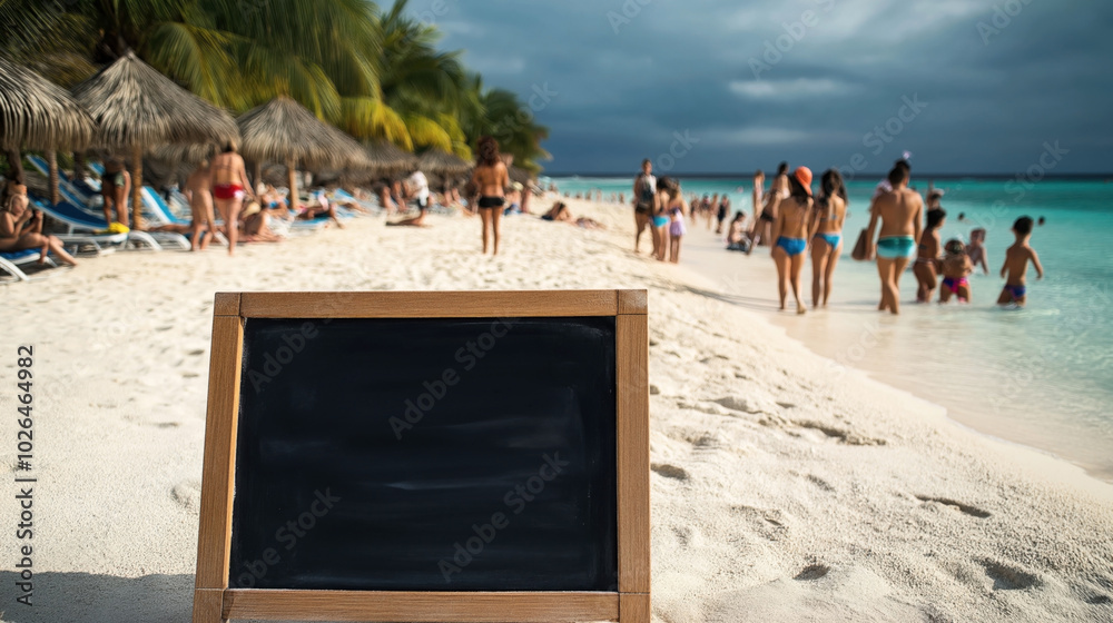 Wall mural sunny tropical beach with people relaxing and swimming, palm trees, thatched umbrellas, and a humoro