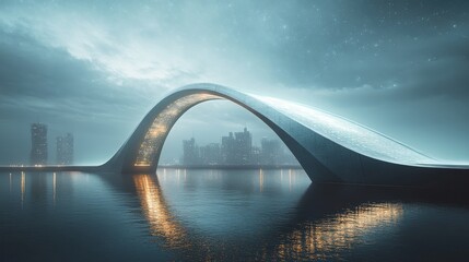 Futuristic Arch Bridge Over Water and Cityscape at Night
