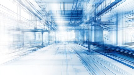 Obraz premium Abstract image of a white and blue digital space, a perspective of a corridor with an open end and bright white light.