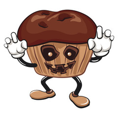 kawaii cartoon chocolate muffin with chocolate chip character mascot isolated vector illustration become a scary halloween character, work of hand drawn